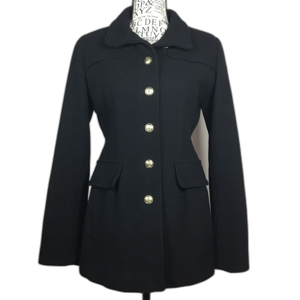 Vince Camuto wool blend black military style winter coat gold satin liner XS